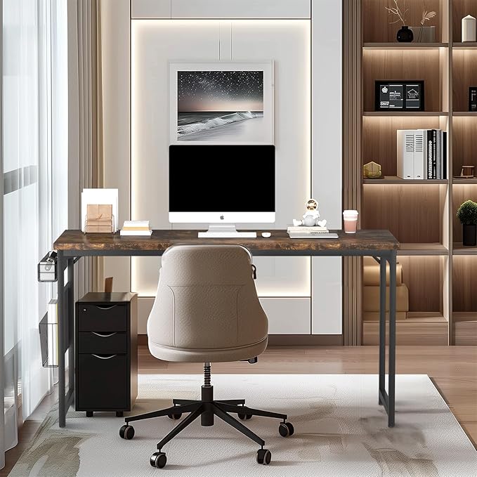 yoyomax Computer Desk, 55 Inch Home Office Desk, Wood Simple Style Student Writing Desk, Study PC Table with Storage Basket and Headphone Hooks, Rustic Brown - LeafyLoom