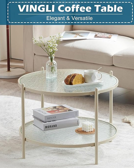 VINGLI 25.6" Small Cream White Round Coffee Table Water-wave Glass Circle Clear Coffee Table, Center Table with 2-Tier Modern Storage Design for Living Room, Bedroom, Meeting Room, Balcony, Beige - LeafyLoom