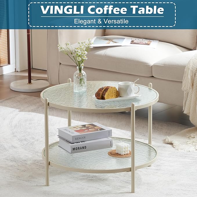 VINGLI 25.6" Small Cream White Round Coffee Table Water-wave Glass Circle Clear Coffee Table, Center Table with 2-Tier Modern Storage Design for Living Room, Bedroom, Meeting Room, Balcony, Beige - LeafyLoom