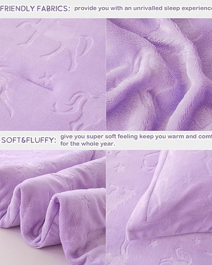Mooreeke Full Kids Comforter Bed Set, Embossed Plush Fleece Soft & Warm 3 Piece Bed in A Bag with Shams, Velour Velvet Purple Unicorn Girls Kids Bedding Set, Fluffy Fuzzy Polar Cozy and Stylish - LeafyLoom