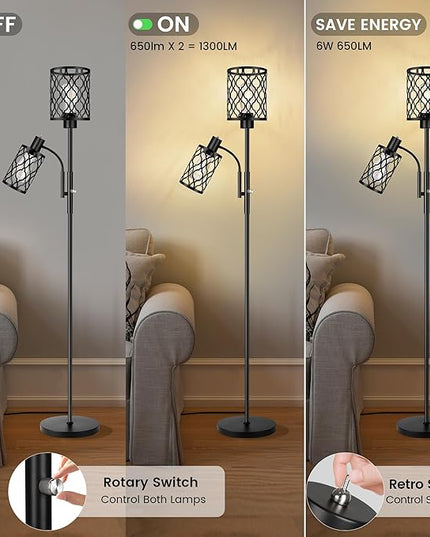 72" Farmhouse Floor Lamps for Living room, Black Floor Lamps with Adjustable Reading Lamp, 2-Light Tall Standing Lamps with 2 Edison Bulbs, Industrial Floor Lamps for Bedroom, Office, 6W, Black - LeafyLoom