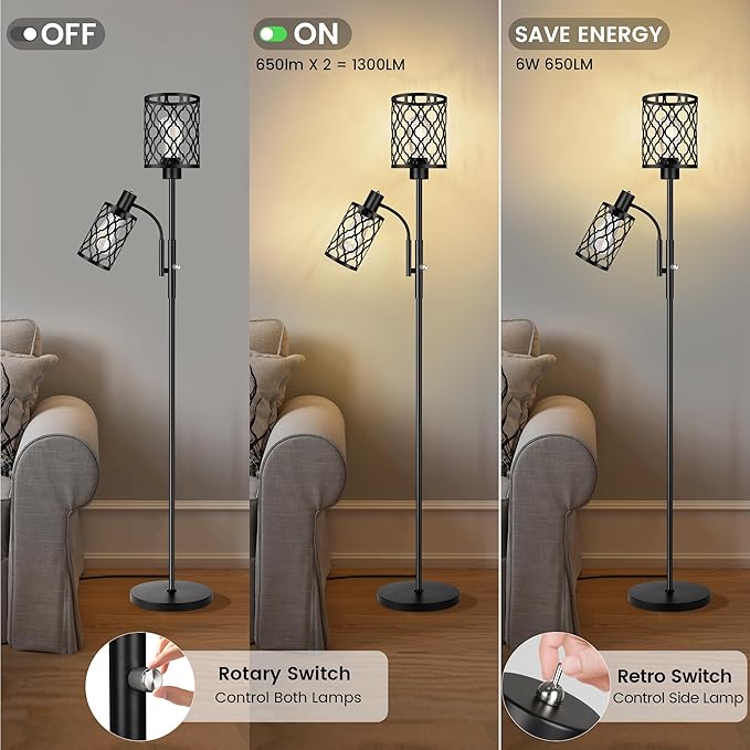 72" Farmhouse Floor Lamps for Living room, Black Floor Lamps with Adjustable Reading Lamp, 2-Light Tall Standing Lamps with 2 Edison Bulbs, Industrial Floor Lamps for Bedroom, Office, 6W, Black - LeafyLoom