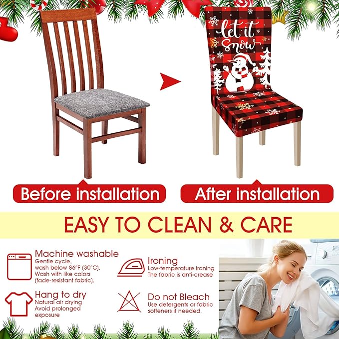 Ganeen 6 Pcs Christmas Chair Covers Merry Christmas Chair Back Cover Stretch Christmas Seat Cover Washable Xmas Dining Chair Protector Slipcover for Dining Room Kitchen Holiday Party (Cute Style) Ganeen