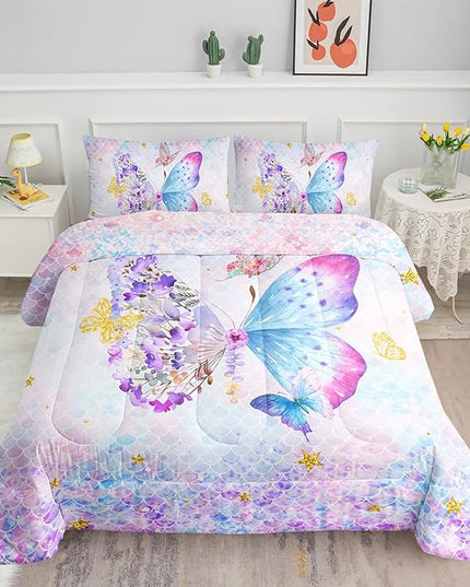 Datura home Butterfly Comforter Set Scales Butterfly Printed Quilt Bedding Set with 1 Comforter and 2 Pillowcases for Boys and Girls Bedroom All Season(Butterfly Scales Twin) - LeafyLoom