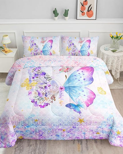 Datura home Butterfly Comforter Set Scales Butterfly Printed Quilt Bedding Set with 1 Comforter and 2 Pillowcases for Boys and Girls Bedroom All Season(Butterfly Scales Queen) - LeafyLoom