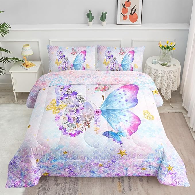 Datura home Butterfly Comforter Set Scales Butterfly Printed Quilt Bedding Set with 1 Comforter and 2 Pillowcases for Boys and Girls Bedroom All Season(Butterfly Scales Full) - LeafyLoom
