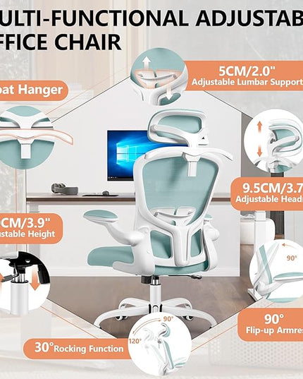 FelixKing Office Chair with Headrest, Ergonomic Desk Chair with Wheels,Hanger，Adjustable Lumbar Support Swivel Comfy Task Chair with Flip-up Armrests, Ergo Mesh Backrest (Light Blue) - LeafyLoom