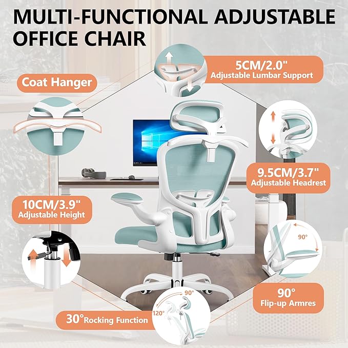 FelixKing Office Chair with Headrest, Ergonomic Desk Chair with Wheels,Hanger，Adjustable Lumbar Support Swivel Comfy Task Chair with Flip-up Armrests, Ergo Mesh Backrest (Light Blue) - LeafyLoom