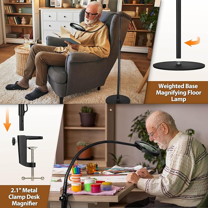 5X Magnifying Glass with Light and Stand, Krstlv 24" Flexible Gooseneck Magnifying Floor Lamp, 3-in-1 LED 5 Color Modes Stepless Dimmable Lighted Magnifier Hands Free for Close Work, Hobby, Esthetican - LeafyLoom