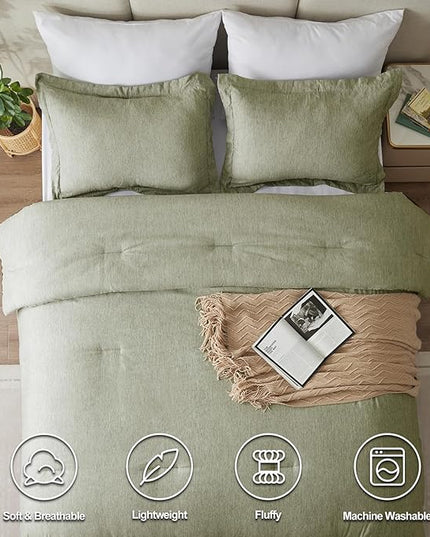 CozyLux King Size Comforter Set - 3 Pieces Olive Green Soft Luxury Cationic Dyeing Bedding Comforter for All Season, Breathable Lightweight Fluffy Boho Bed Sets with 1 Comforter and 2 Pillow Shams - LeafyLoom