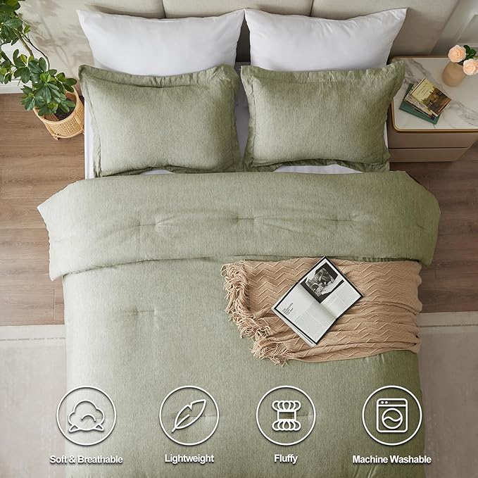 CozyLux King Size Comforter Set - 3 Pieces Olive Green Soft Luxury Cationic Dyeing Bedding Comforter for All Season, Breathable Lightweight Fluffy Boho Bed Sets with 1 Comforter and 2 Pillow Shams - LeafyLoom