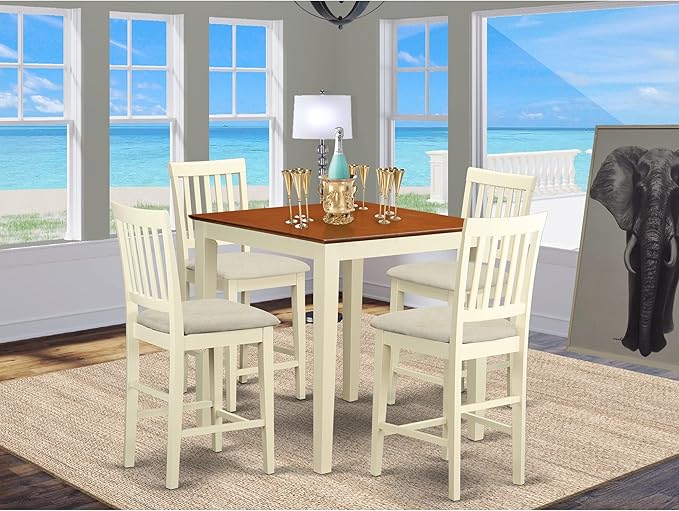 East West Furniture VERN5-WHI-C 5 Piece Counter Height Dining Set Includes a Square Dinette Table and 4 Linen Fabric Kitchen Dining Chairs, 36x36 Inch, Buttermilk & Cherry - LeafyLoom