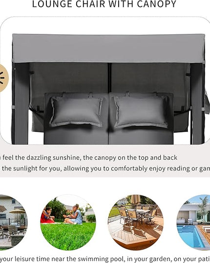 Outdoor Conversation, 2-Piece Patio Bench Rattan Roof Set, Effective UV Protection Waterproof Cushions and Adjustable Backrest for Garden, Backyard and Porch, Zg-Grey Wicker + Grey Fabric - LeafyLoom