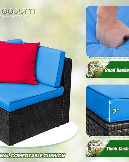 Greesum 3 Piece Patio Conversation Set Wicker Rattan Furniture Outdoor Sofa with Cushions,Pillows and Glass Table for Porch,Lawn and Yard, Blue - LeafyLoom