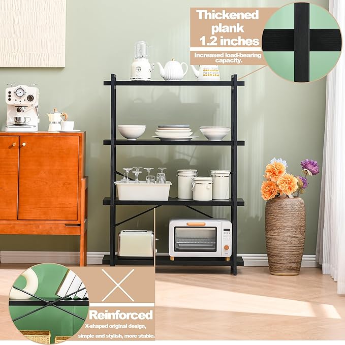 HCHQHS Bookshelf, 4-Tier Industrial Bookcase, Black Open Book Shelf, Freestanding Tall Bookshelves with Metal Frame - LeafyLoom