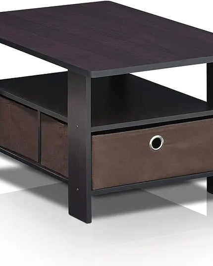 Furinno Andrey Coffee Table with Bin Drawer, Dark Walnut - LeafyLoom