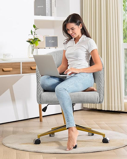 Office Desk Chair, Corduroy Ergonomic Office Chair with Wheels, Computer Swivel Rolling Chair, Comfy Vanity Desk Chairs for Bedroom, Living Room, Study, Light Grey - LeafyLoom