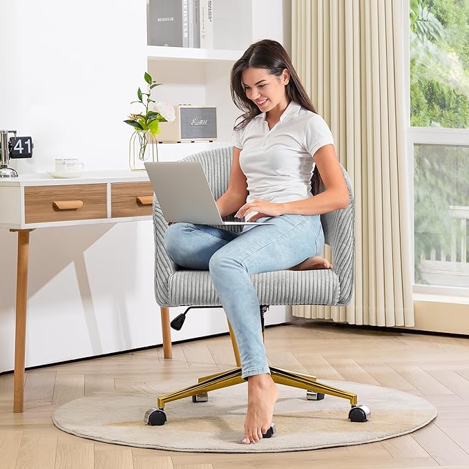 Office Desk Chair, Corduroy Ergonomic Office Chair with Wheels, Computer Swivel Rolling Chair, Comfy Vanity Desk Chairs for Bedroom, Living Room, Study, Light Grey - LeafyLoom