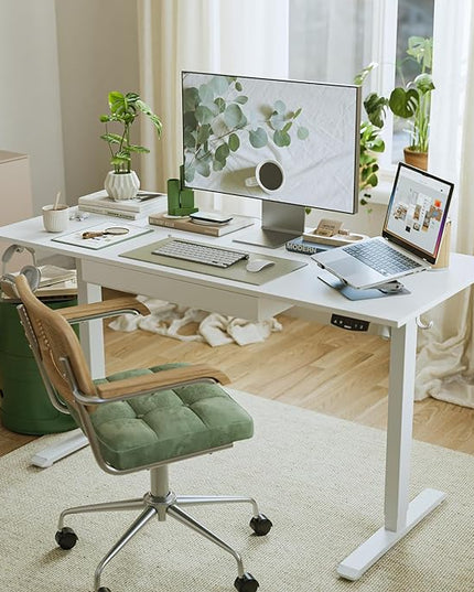 Adjustable Height Electric Standing Desk with Storage Wooden Drawer, 63 x 24 Inches Stand Up Home Office Computer Gaming Table with Splice Board for Work Office Home, White - LeafyLoom