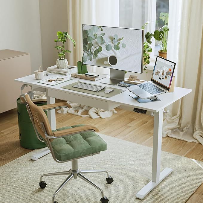 Adjustable Height Electric Standing Desk with Storage Wooden Drawer, 63 x 24 Inches Stand Up Home Office Computer Gaming Table with Splice Board for Work Office Home, White - LeafyLoom