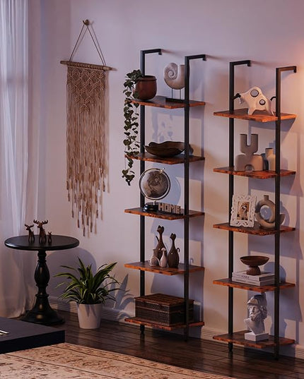 SUPERJARE 5-Tier Bookshelf, Narrow Book Shelf Set of 2, Open Wall-Mounted Ladder Shelf with Metal Frame, Display Bookcase for Home Office, Bedroom, Rustic Brown - LeafyLoom