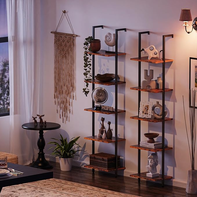 SUPERJARE 5-Tier Bookshelf, Narrow Book Shelf Set of 2, Open Wall-Mounted Ladder Shelf with Metal Frame, Display Bookcase for Home Office, Bedroom, Rustic Brown - LeafyLoom