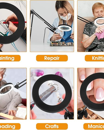 5X Magnifying Glass with Light and Stand, Real Glass Desk Lamp & Clamp, Craft Light Lamp with 3 Color Modes, LED Lighted Magnifier with Light for Hobby Reading Crafts Repair Close Works(Black) - LeafyLoom