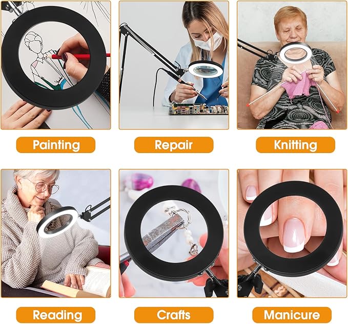 5X Magnifying Glass with Light and Stand, Real Glass Desk Lamp & Clamp, Craft Light Lamp with 3 Color Modes, LED Lighted Magnifier with Light for Hobby Reading Crafts Repair Close Works(Black) - LeafyLoom