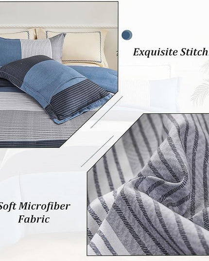 WONGS BEDDING Comforter Set Queen Size, Reversible Blue Grey Striped Patchwork Alternative Comforter for Queen Bed,3 Pieces (1 Comforter+2 Pillowcases), Soft Microfiber Bedding Duvet Set 90”×90” - LeafyLoom