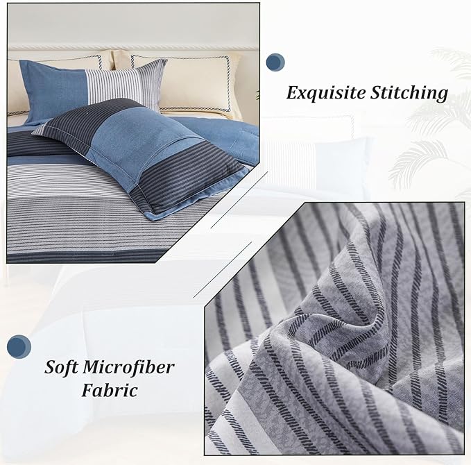WONGS BEDDING Comforter Set Queen Size, Reversible Blue Grey Striped Patchwork Alternative Comforter for Queen Bed,3 Pieces (1 Comforter+2 Pillowcases), Soft Microfiber Bedding Duvet Set 90”×90” - LeafyLoom