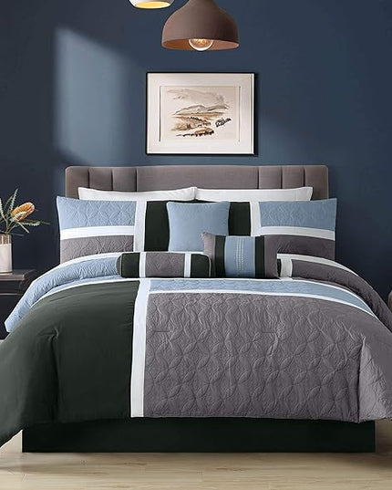 Chezmoi Collection Upland 7-Piece Quilted Patchwork Comforter Set, Gray/Light Blue/Charcoal, California King - LeafyLoom