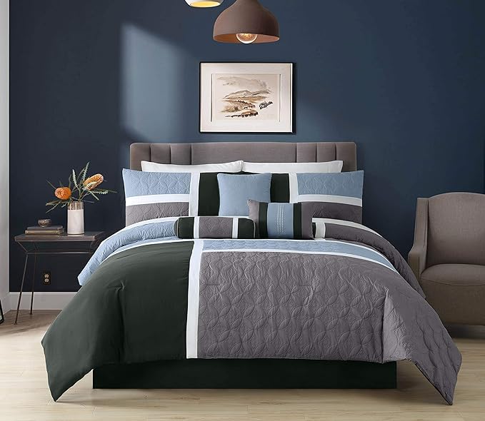 Chezmoi Collection Upland 7-Piece Quilted Patchwork Comforter Set, Gray/Light Blue/Charcoal, California King - LeafyLoom