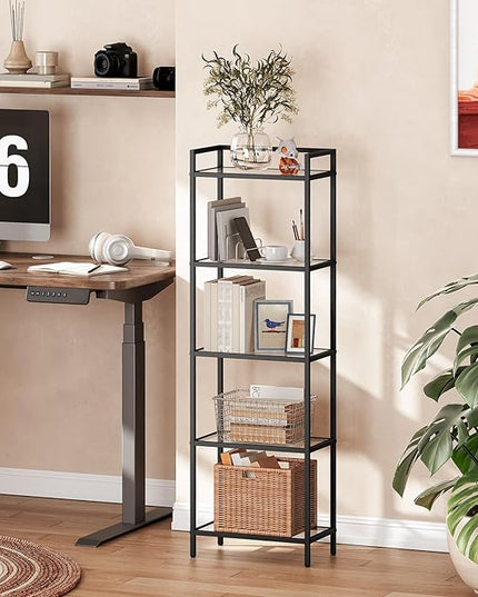 HOOBRO 5-Tier Bookcase, Metal Bookshelf, Tempered Glass Bookshelves, Slim Shelving Unit for Living Room, Narrow Bookshelf for Small Spaces, Storage Rack Display Shelf for Home Office, Black BK45SJ01 - LeafyLoom