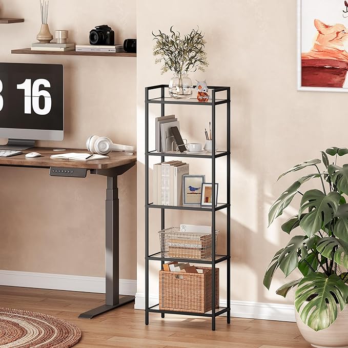 HOOBRO 5-Tier Bookcase, Metal Bookshelf, Tempered Glass Bookshelves, Slim Shelving Unit for Living Room, Narrow Bookshelf for Small Spaces, Storage Rack Display Shelf for Home Office, Black BK45SJ01 - LeafyLoom