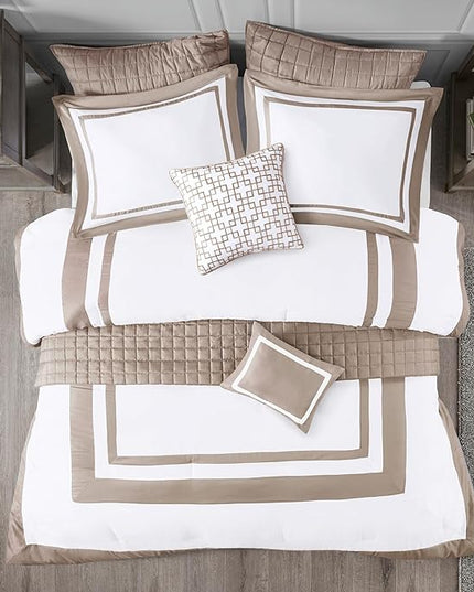Madison Park Comforter Set and Quilt Combo, Chic Hotel Bedding Queen/Full Size Comforter Sets, Heritage Soft Microfiber, Quilted Coverlet, Shams, Throw Pillow, King/Cal King, Taupe 8 Piece - LeafyLoom