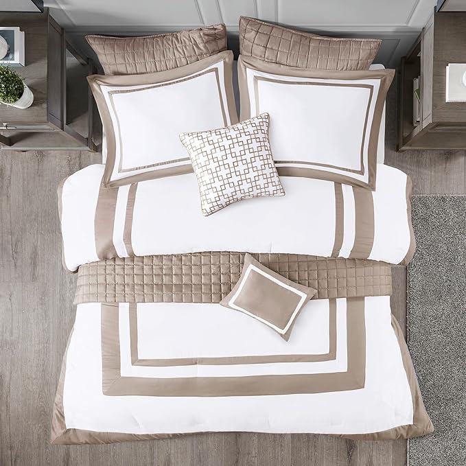 Madison Park Comforter Set and Quilt Combo, Chic Hotel Bedding Queen/Full Size Comforter Sets, Heritage Soft Microfiber, Quilted Coverlet, Shams, Throw Pillow, King/Cal King, Taupe 8 Piece - LeafyLoom