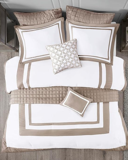 Madison Park Comforter Set and Quilt Combo, Chic Hotel Bedding Queen/Full Size Comforter Sets, Heritage Soft Microfiber, Quilted Coverlet, Shams, Throw Pillow, Full/Queen, Taupe 8 Piece - LeafyLoom