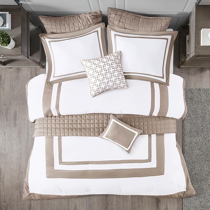 Madison Park Comforter Set and Quilt Combo, Chic Hotel Bedding Queen/Full Size Comforter Sets, Heritage Soft Microfiber, Quilted Coverlet, Shams, Throw Pillow, Full/Queen, Taupe 8 Piece - LeafyLoom