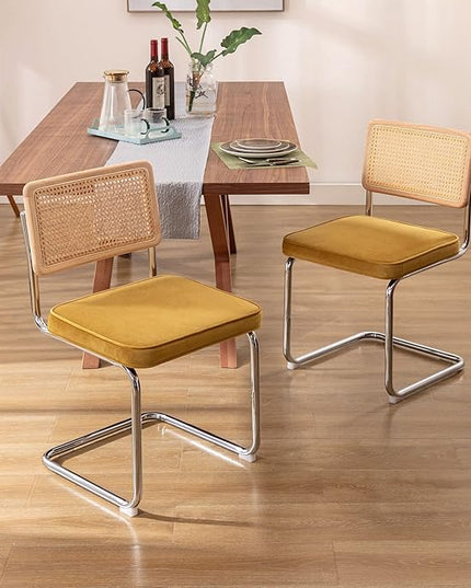 Zesthouse Mid Century Modern Dining Chairs Set of 2, Velvet Accent Chairs with Natural Cane Back & Stainless Chrome Base, Famous Breuer Designed Chairs, Upholstered Rattan Kitchen Chairs - LeafyLoom