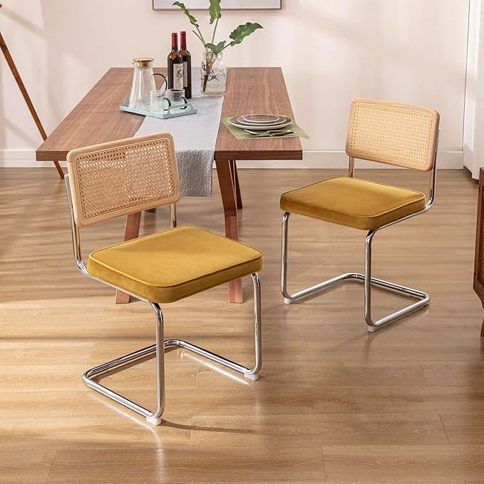 Zesthouse Mid Century Modern Dining Chairs Set of 2, Velvet Accent Chairs with Natural Cane Back & Stainless Chrome Base, Famous Breuer Designed Chairs, Upholstered Rattan Kitchen Chairs - LeafyLoom