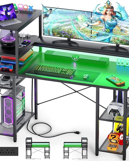 Cyclysio 55 inch Gaming Desk with LED Light, Adjustable Computer Desk with Storage Shelves, Home Office Desk with Power Outlets, Computer Gaming Desk with Long Monitor Stand for Small Space, Black - LeafyLoom