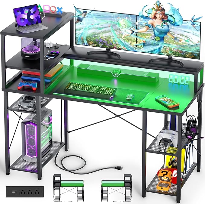 Cyclysio 55 inch Gaming Desk with LED Light, Adjustable Computer Desk with Storage Shelves, Home Office Desk with Power Outlets, Computer Gaming Desk with Long Monitor Stand for Small Space, Black - LeafyLoom