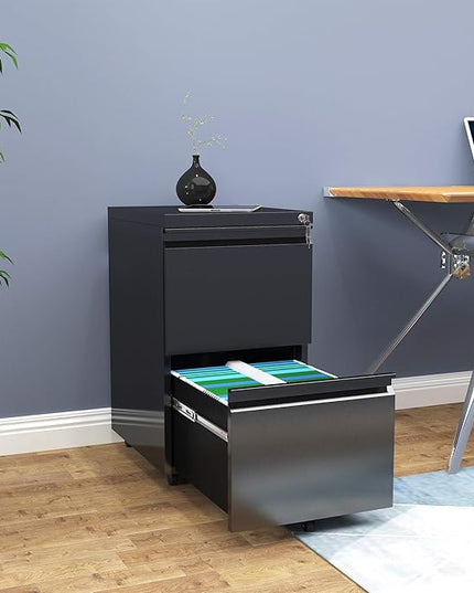 YITAHOME 2-Drawer Vertical File Cabinet with Lock, 20” Deep Mobile Metal Filing Cabinet for Legal/Letter Size, 20” Height Pre-Built Office Storage File Cabinet Except Wheels Under Desk - Black - LeafyLoom