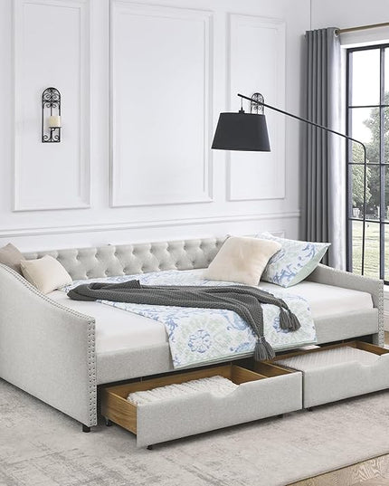 Queen Size Upholstered Daybed with Two Storage Trundle Drawers, Wooden Sofa Bed w/Button Tufted Backrest and Waved Shape Arms, No Box Spring Needed, for Living Room, Bedroom, Dorm, Beige - LeafyLoom