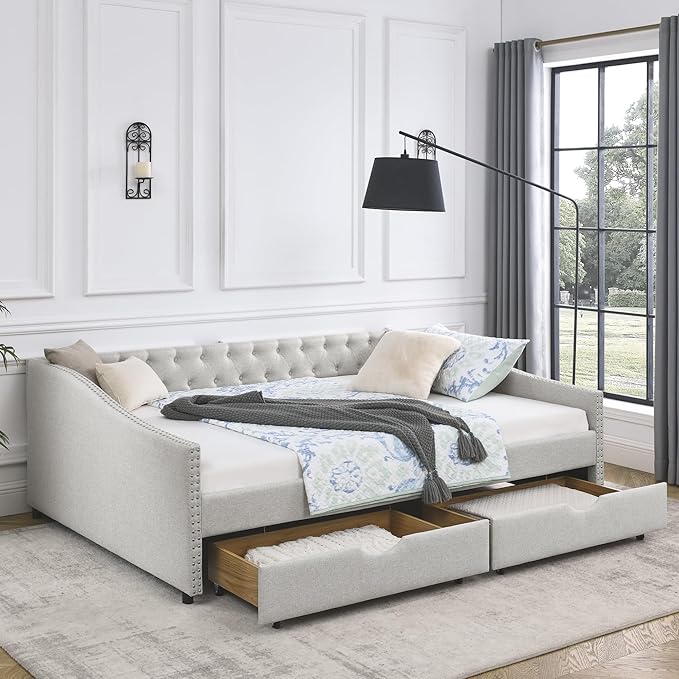 Queen Size Upholstered Daybed with Two Storage Trundle Drawers, Wooden Sofa Bed w/Button Tufted Backrest and Waved Shape Arms, No Box Spring Needed, for Living Room, Bedroom, Dorm, Beige - LeafyLoom