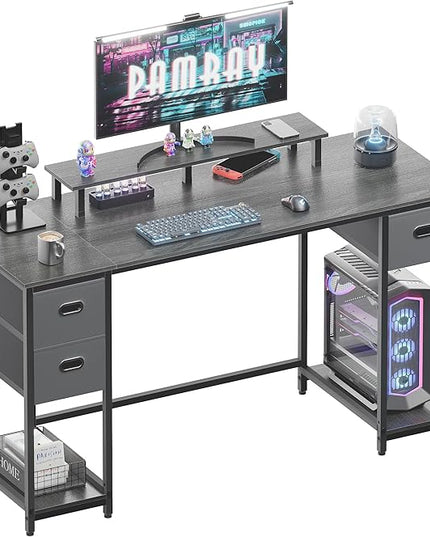 Pamray 55 Inch Computer Desk with Non-woven Storage Drawers and Monitor Stand Home Office Desk for Bedroom Study Table Writing and Work Desk Espresso Gray - LeafyLoom