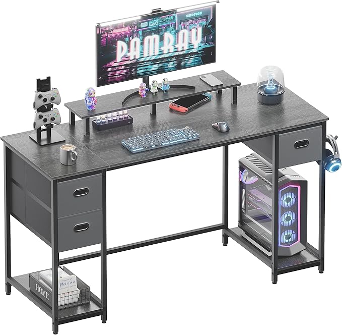 Pamray 55 Inch Computer Desk with Non-woven Storage Drawers and Monitor Stand Home Office Desk for Bedroom Study Table Writing and Work Desk Espresso Gray - LeafyLoom