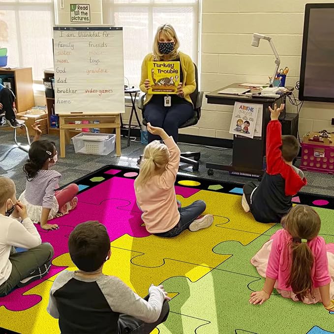Booooom Jackson Classroom Rug Elementary Classroom Carpet 6'5"x8'5"Preschool Rugs Colorful Puzzle Seating Rug with Non-Slip Backing School Classroom Kid Rug (PzPK-2620)(PzPK-2620) - LeafyLoom