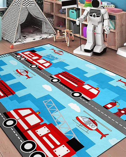 Car Rug Play Mat Car Rug Play Mat Car Rug for Boys Room Fire Fighting Truck Red Car Printed Rug Play Rug for Cars and Trucks Play Rugs for Kids Rooms,Light Blue 5'×7' - LeafyLoom