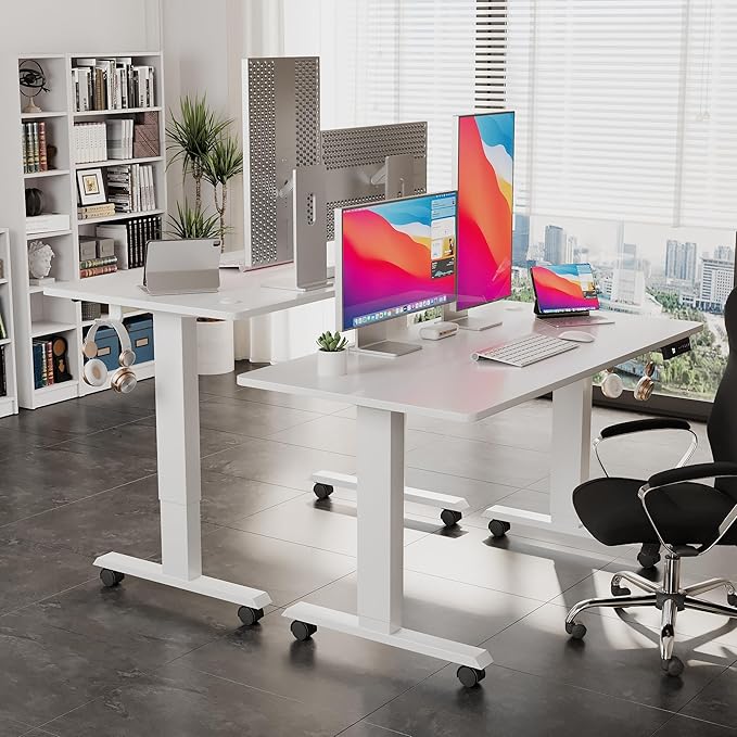 Electric Standing Desk 48 Inch, Ergonomic Height Adjustable Table with T-Shaped Metal Bracket Modern Computer Workstations for Home Office, White - LeafyLoom